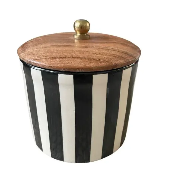 Hand Painted Striped Ceramic Canister w/ Wood Lid Made in India Black Cream NEW - Picture 5 of 15